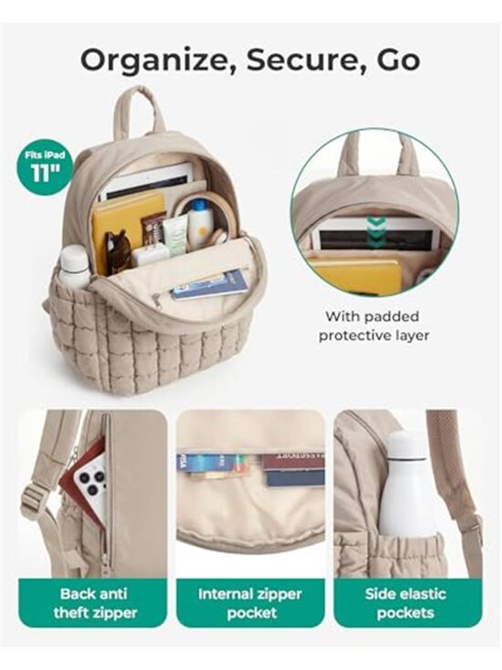 Puffy Checkered Quilted Mini Backpack 2-in-1 Set Women Coffee Brown Bag main image 5